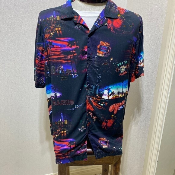 Cactus Man Short Sleeve Button Up City Night Life Neon Sz XL Ricky Singh - Picture 1 of 11